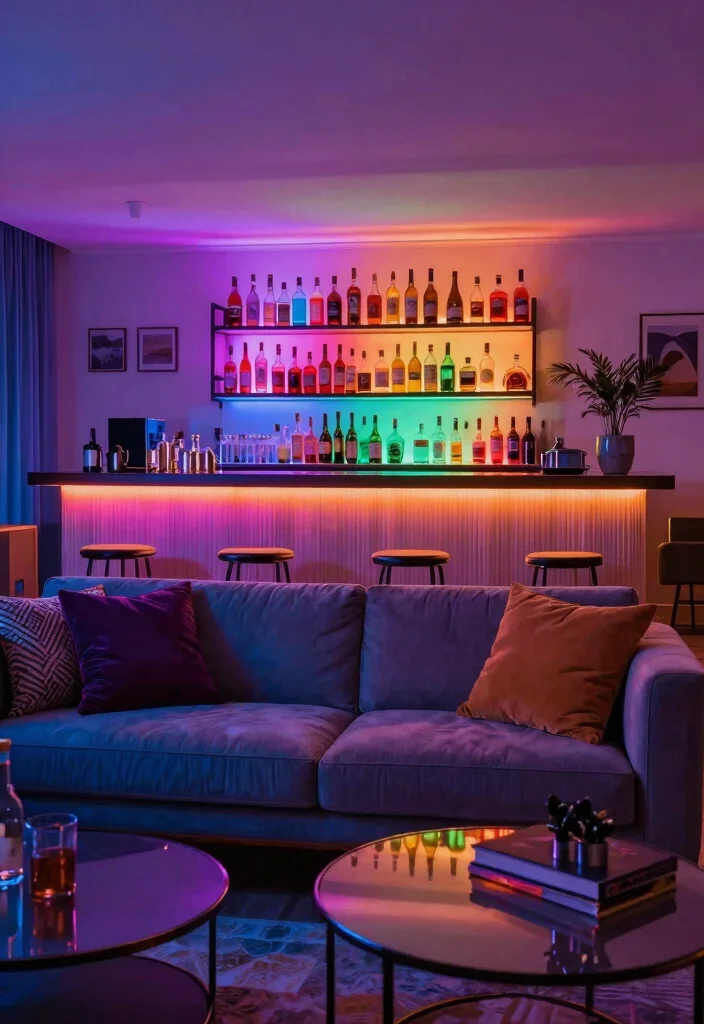 15 Bar Behind Couch Living Room Ideas Smart and Entertaining - 13. Stylish Backlit Bar 1