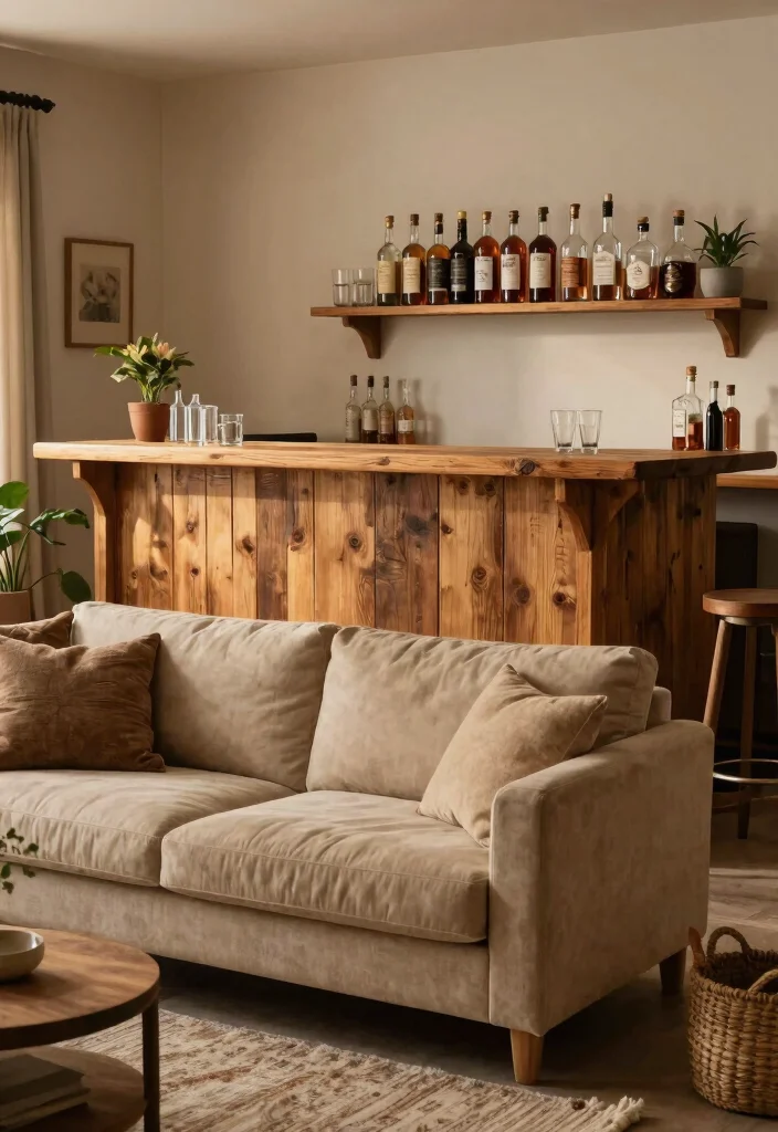 15 Bar Behind Couch Living Room Ideas Smart and Entertaining - 4. Rustic Wooden Bar 1
