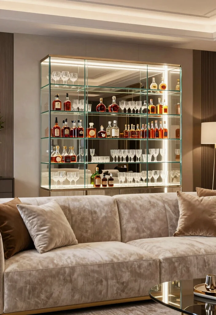 15 Bar Behind Couch Living Room Ideas Smart and Entertaining - 7. Elegant Glass Bar Cabinet 1