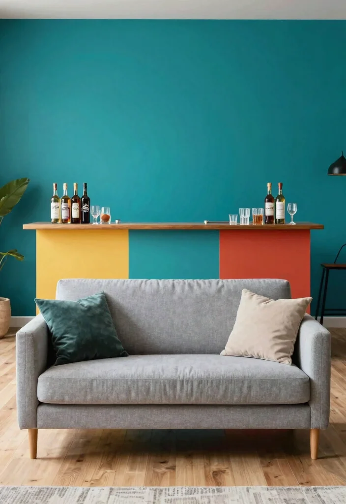 15 Bar Behind Couch Living Room Ideas Smart and Entertaining - 8. Colorful Bar Backdrop 1