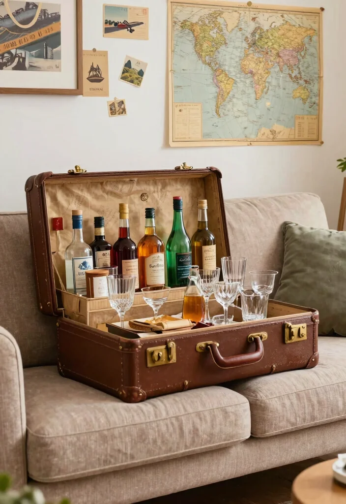 15 Bar Behind Couch Living Room Ideas Smart and Entertaining - 9. Vintage Suitcase Bar 1