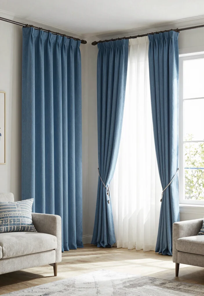 15 Blue and White Curtains Living Room Ideas Fresh Coastal Vibes - 13. Curtain Length Matters 1