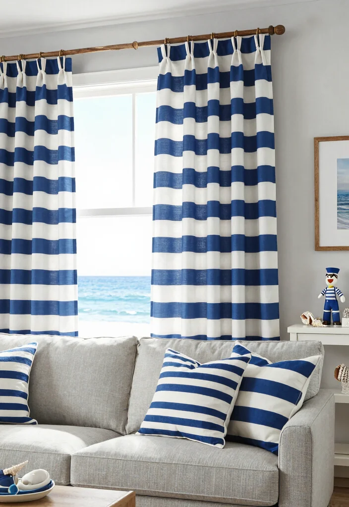15 Blue and White Curtains Living Room Ideas Fresh Coastal Vibes - 2. Nautical Stripes 1