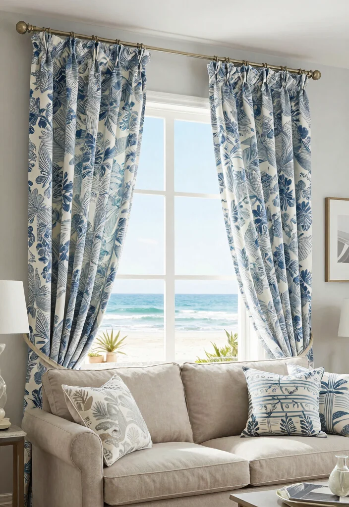 15 Blue and White Curtains Living Room Ideas Fresh Coastal Vibes - 3. Patterned Prints 1