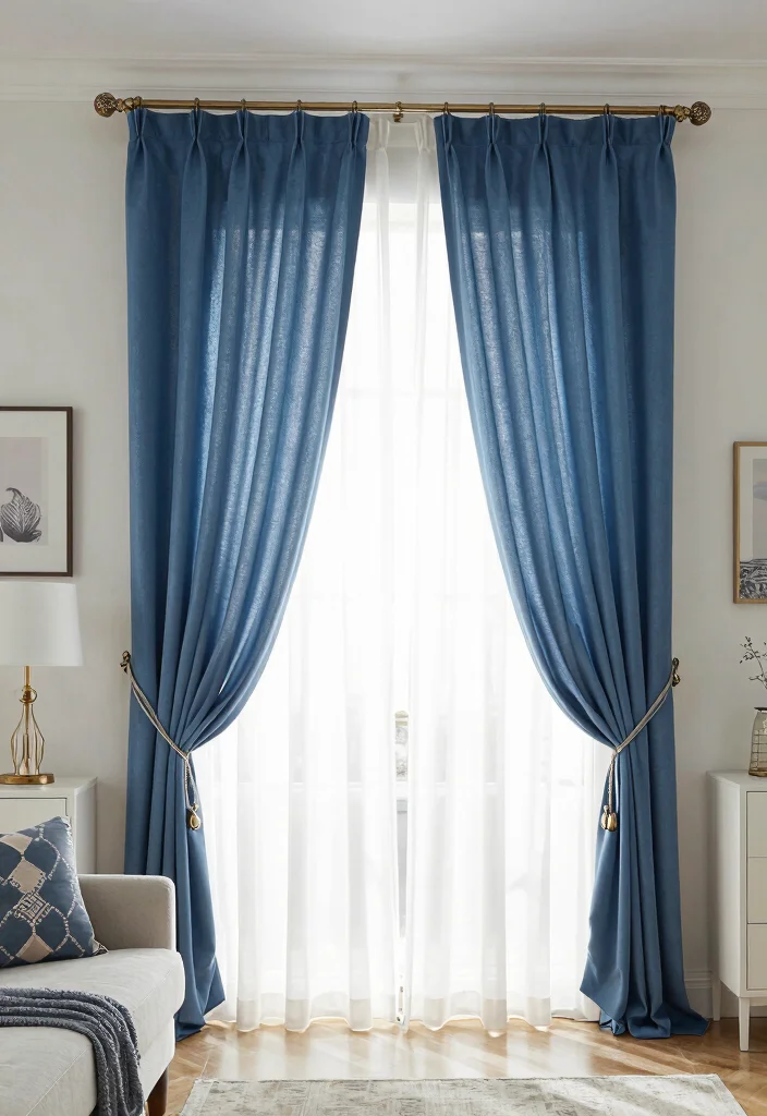 15 Blue and White Curtains Living Room Ideas Fresh Coastal Vibes - 5. Layered Elegance 1