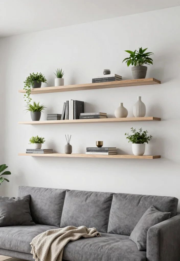 15 Empty Wall Living Room Ideas: Creative Decorating Solutions - 3. Minimalist Wall-Mounted Shelves 1