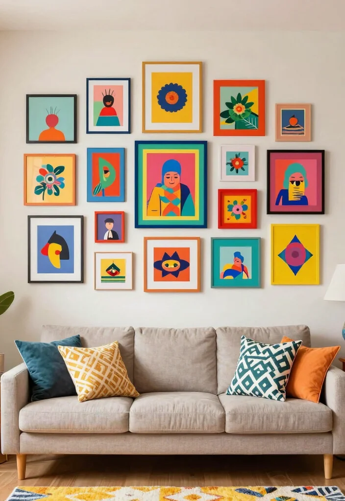 15 Empty Wall Living Room Ideas: Creative Decorating Solutions - 8. Colorful Wall Grid 1