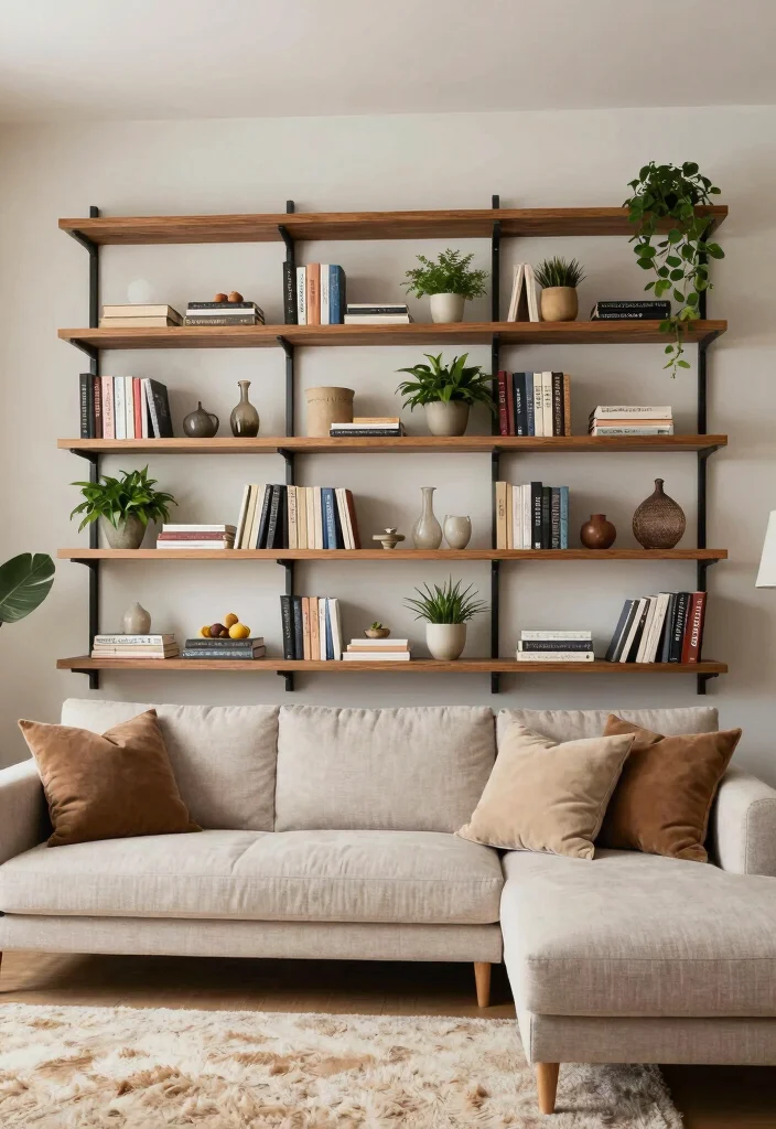 15 Empty Wall Living Room Ideas: Creative Decorating Solutions - 9. Shelfie Wall 1