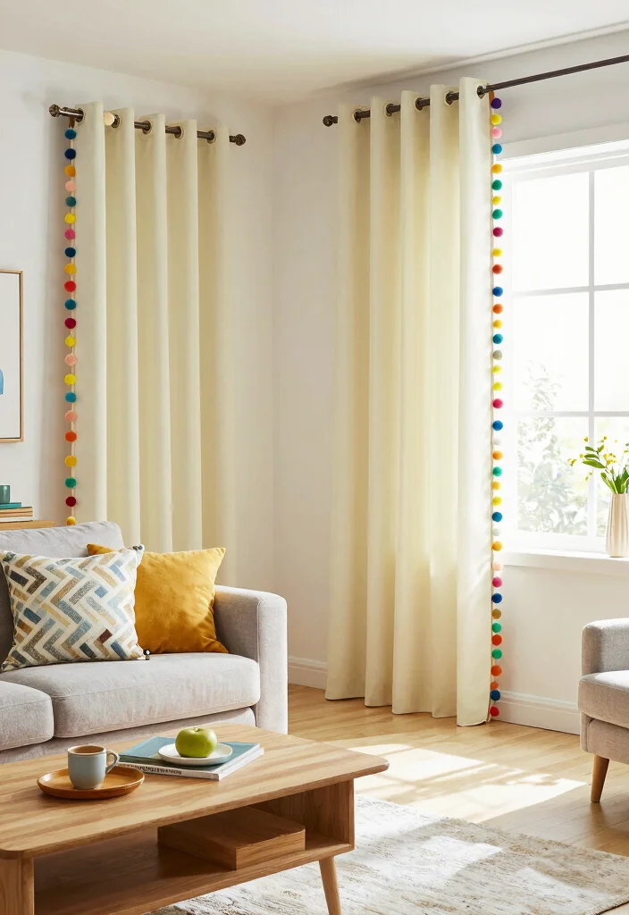 15 Ikea Curtains Living Room Ideas Affordable and Stylish - 6. Playful Pom-Pom Trim 1