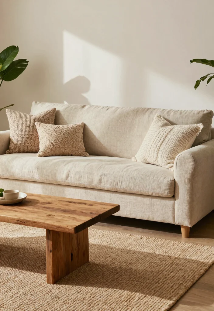 15 Linen Sofa Living Room Ideas for a Relaxed Natural Style - 1. Earthy Tones with Textured Pillows 1