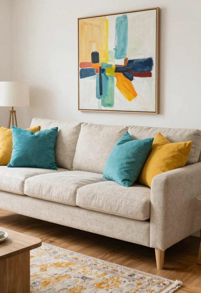 15 Linen Sofa Living Room Ideas for a Relaxed Natural Style - 3. A Pop of Color with Accessories 1