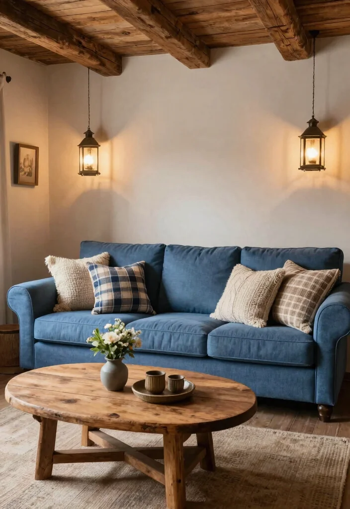 15 Living Room Blue Couch Ideas: Fresh, Calm, and Stylish - 10. Rustic Charm 1