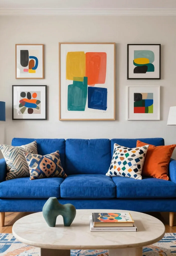 15 Living Room Blue Couch Ideas: Fresh, Calm, and Stylish - 11. Artistic Flair 1