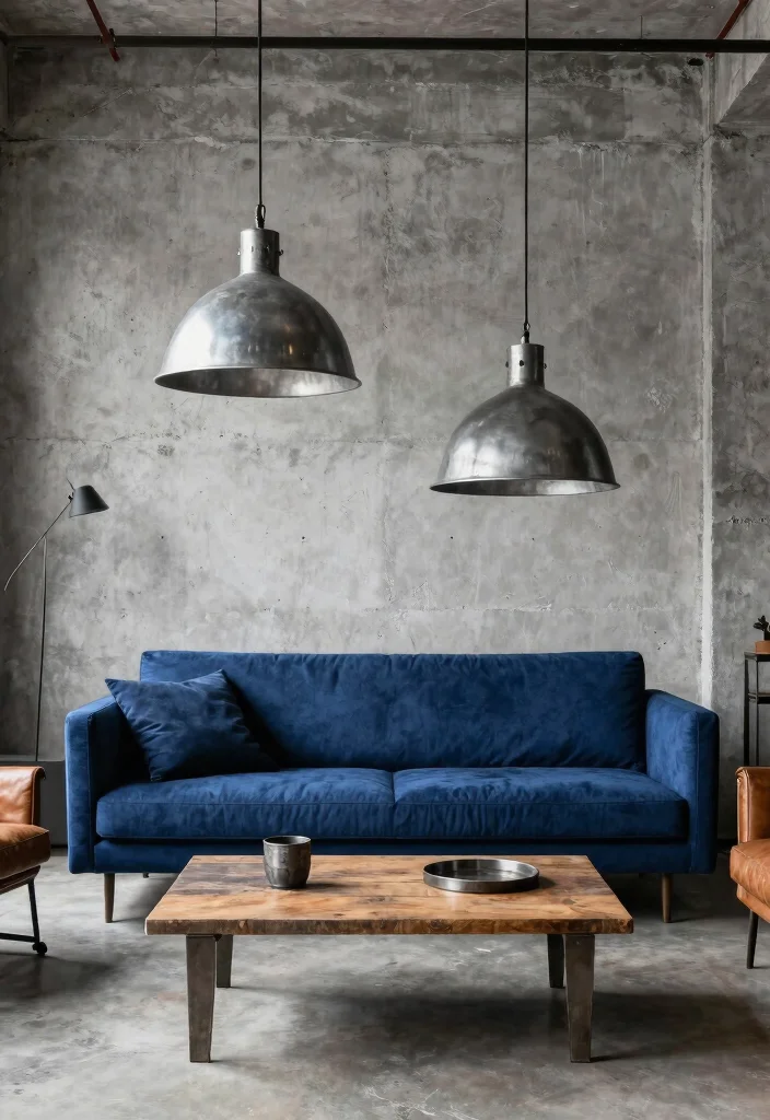 15 Living Room Blue Couch Ideas: Fresh, Calm, and Stylish - 13. Industrial Chic 1