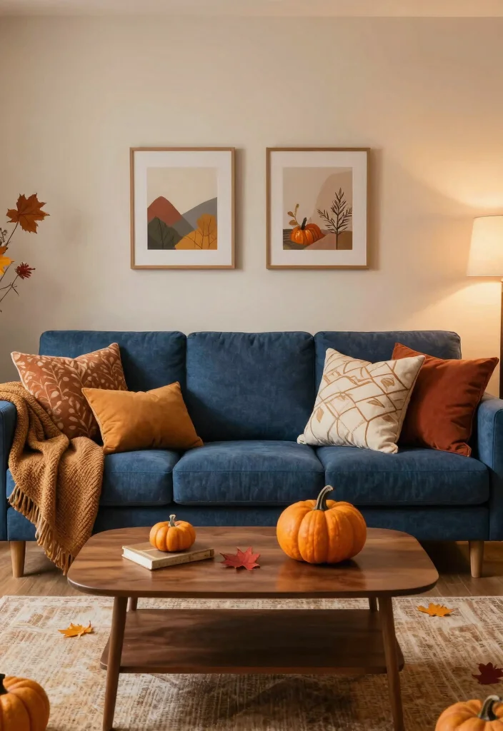 15 Living Room Blue Couch Ideas: Fresh, Calm, and Stylish - 15. Seasonal Decor 1