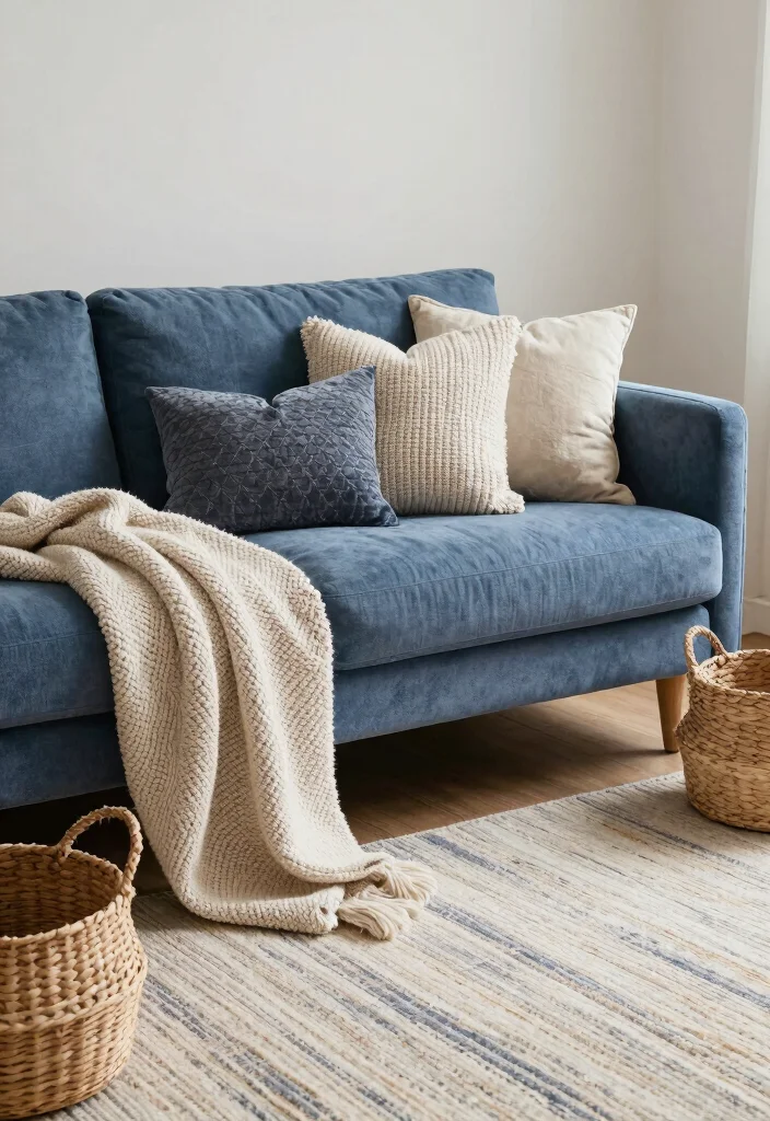 15 Living Room Blue Couch Ideas: Fresh, Calm, and Stylish - 8. Textured Layers 1