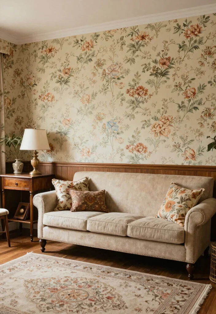 15 Living Room Focal Wall Ideas That Steal Attention - 13. Vintage Touch with Wallpaper 1