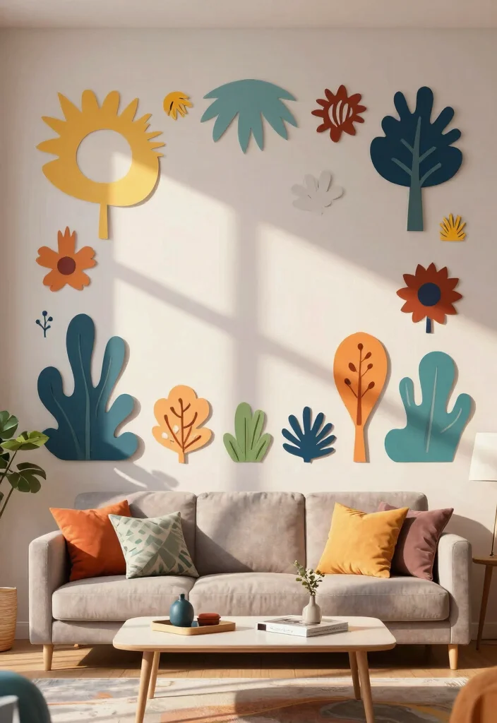 15 Living Room Focal Wall Ideas That Steal Attention - 15. Whimsical Paper Cutouts 1