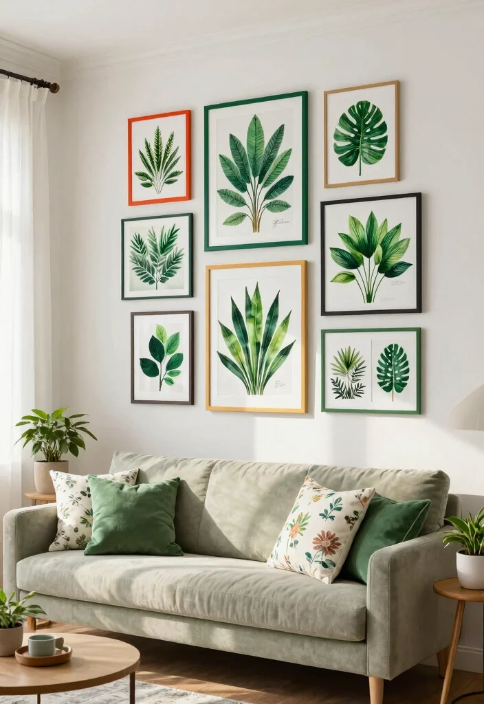 15 Living Room Focal Wall Ideas That Steal Attention - 2. Vibrant Botanical Prints 1