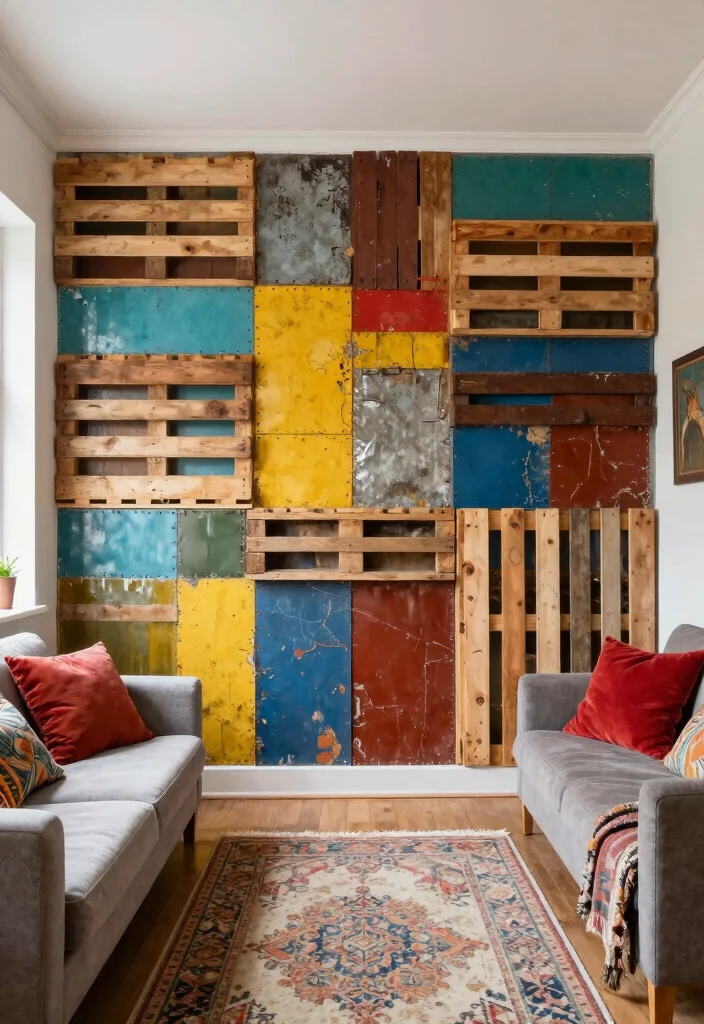 15 Living Room Focal Wall Ideas That Steal Attention - 6. Upcycled Materials Magic 1