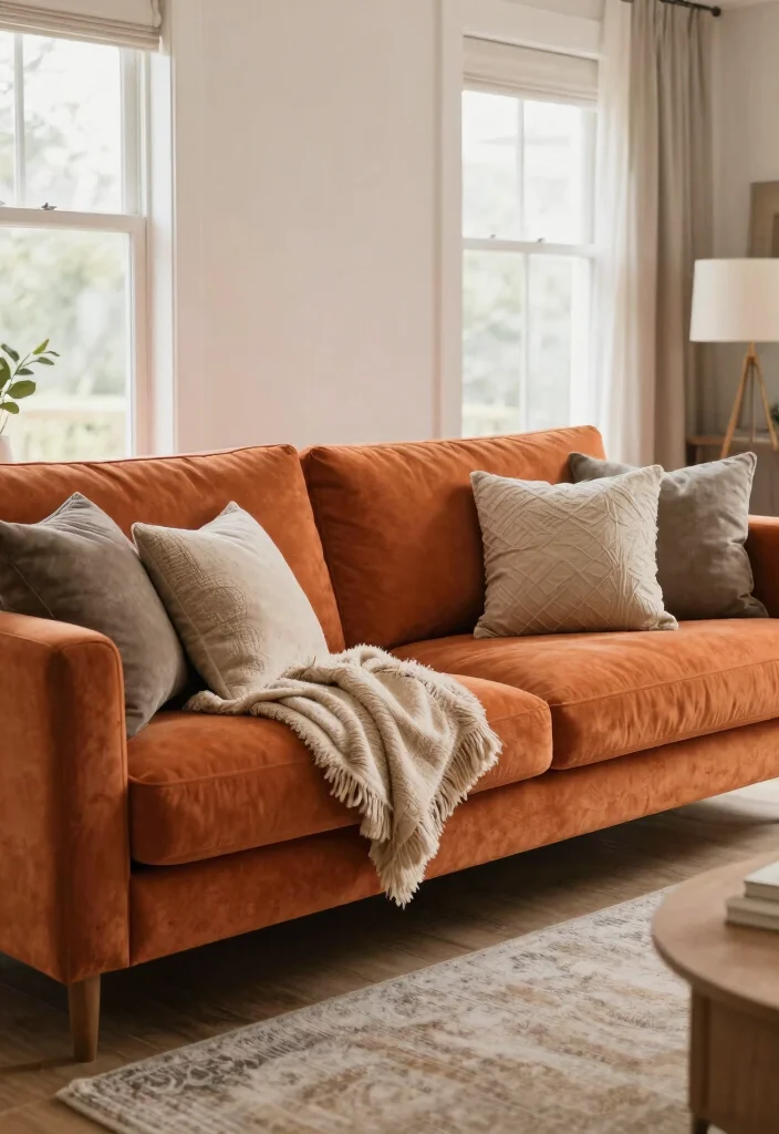 15 Living Room Orange Sofa Ideas Bold Warm and Inviting - 10. Utilize Soft Accessories 1
