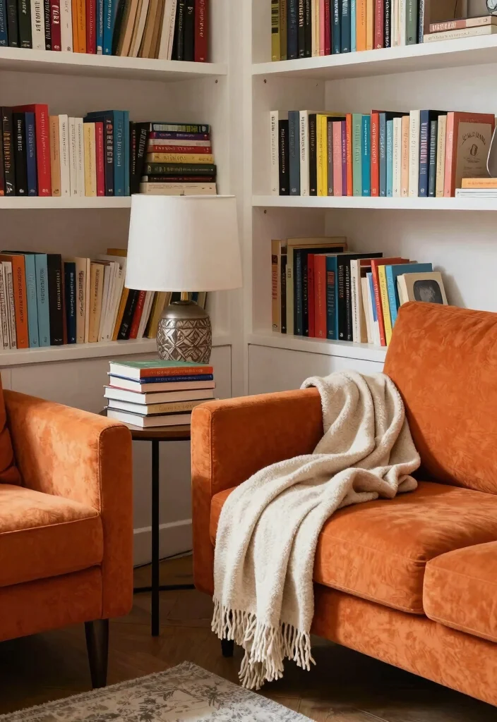 15 Living Room Orange Sofa Ideas Bold Warm and Inviting - 11. Create a Cozy Reading Nook 1