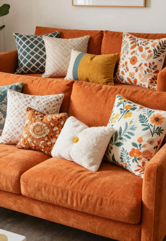 15 Living Room Orange Sofa Ideas Bold Warm and Inviting - 12. Set the Mood with Accent Pillows 1