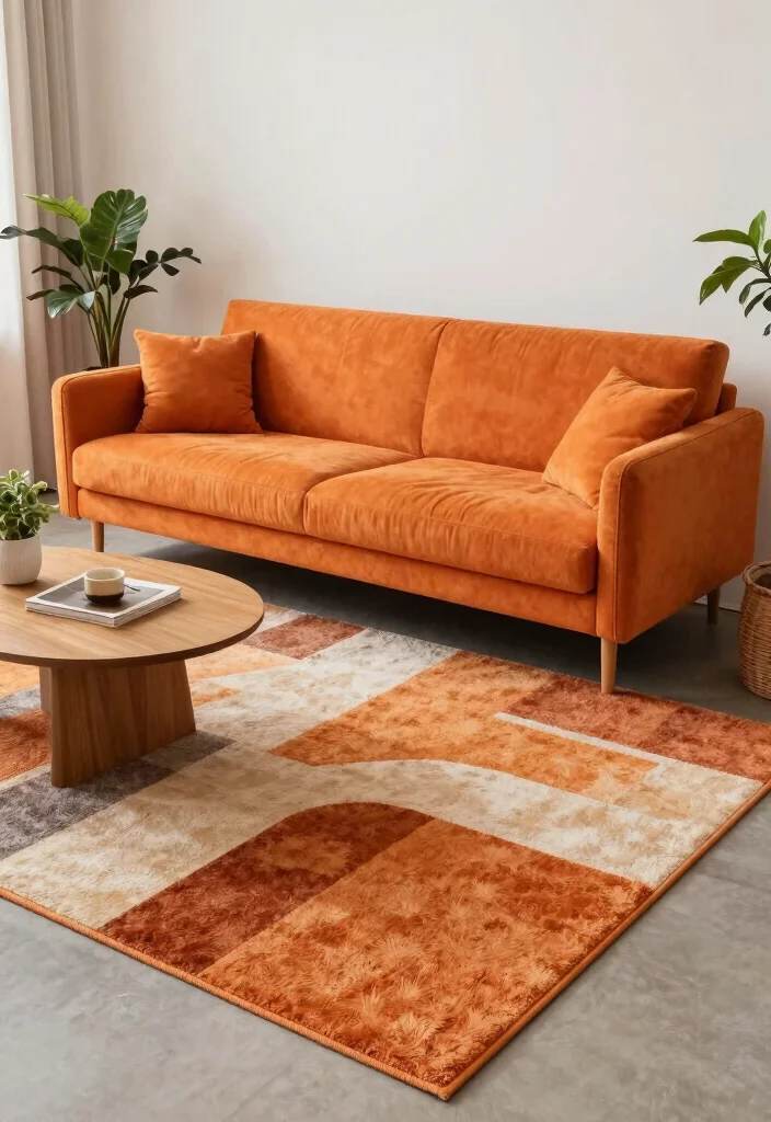 15 Living Room Orange Sofa Ideas Bold Warm and Inviting - 13. Use a Bold Area Rug 1