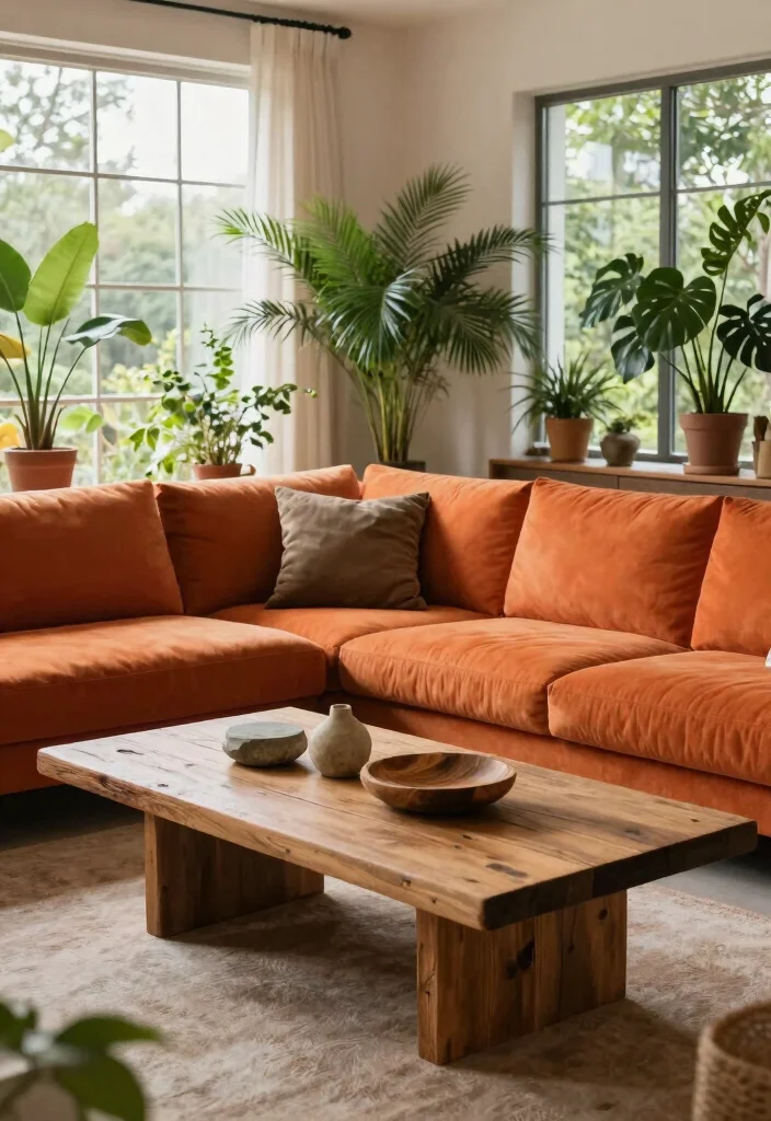 15 Living Room Orange Sofa Ideas Bold Warm and Inviting - 14. Add Natural Elements 1