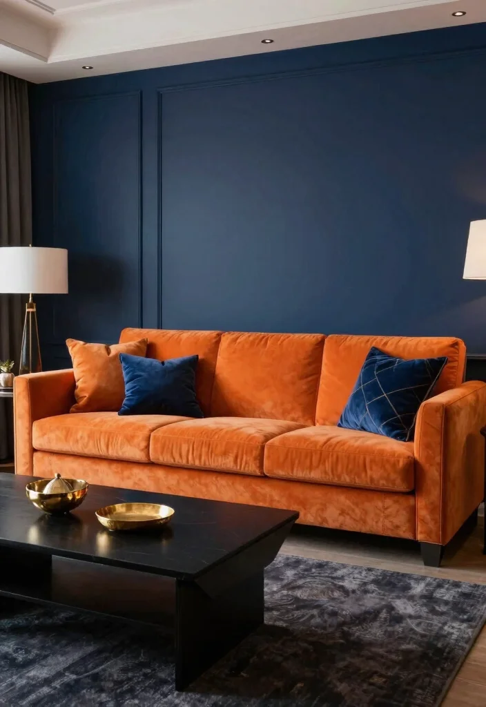 15 Living Room Orange Sofa Ideas Bold Warm and Inviting - 3. Create Contrast with Dark Accents 1