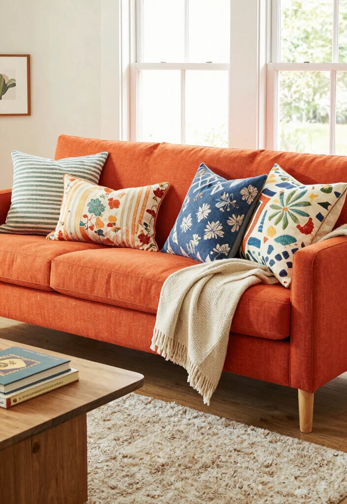 15 Living Room Orange Sofa Ideas Bold Warm and Inviting - 4. Mix and Match Patterns 1