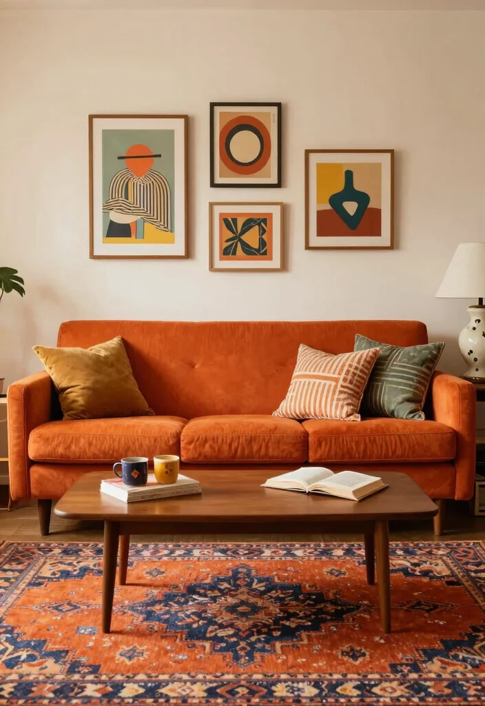 15 Living Room Orange Sofa Ideas Bold Warm and Inviting - 5. Go for a Retro Vibe 1