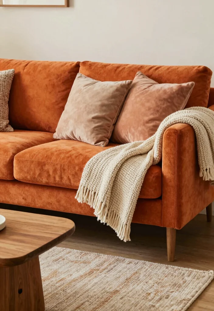 15 Living Room Orange Sofa Ideas Bold Warm and Inviting - 6. Layer with Textures 1