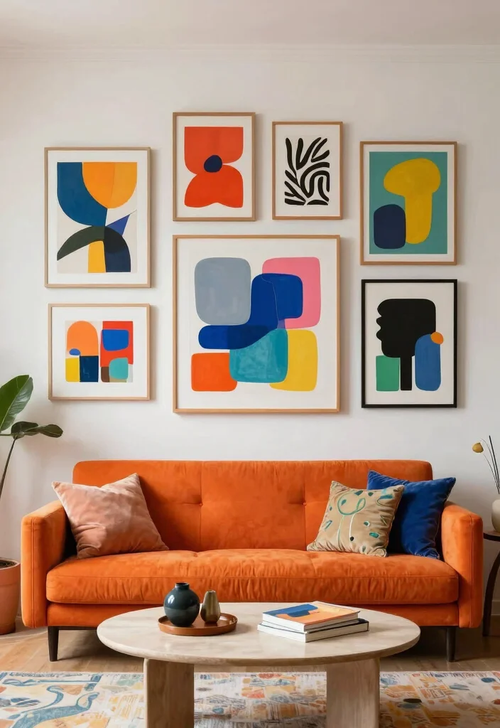15 Living Room Orange Sofa Ideas Bold Warm and Inviting - 7. Incorporate Fun Artwork 1
