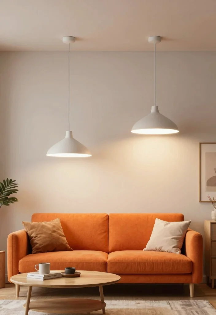 15 Living Room Orange Sofa Ideas Bold Warm and Inviting - 8. Opt for Scandinavian-Inspired Lighting 1