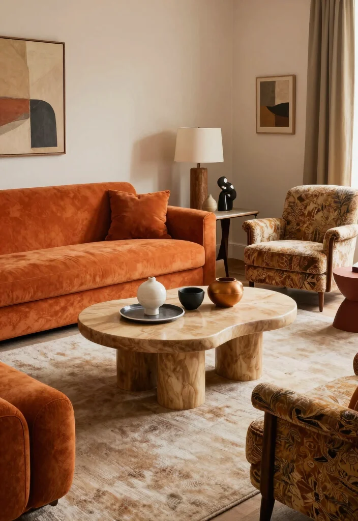 15 Living Room Orange Sofa Ideas Bold Warm and Inviting - 9. Make a Statement with Unique Furniture 1