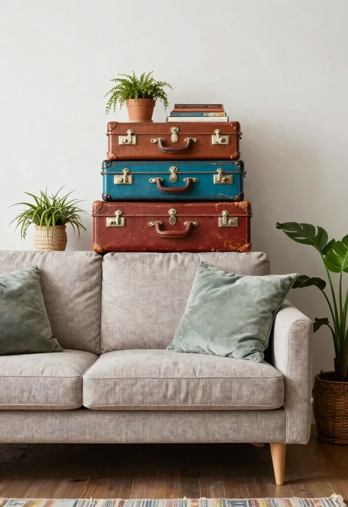 15 Living Room Wall Behind Couch Ideas Balanced and Beautiful - 12. Vintage Suitcases or Trunks Decor 1