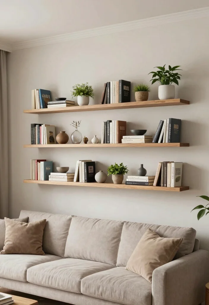 15 Living Room Wall Behind Couch Ideas Balanced and Beautiful - 5. Floating Shelves with Decor 1