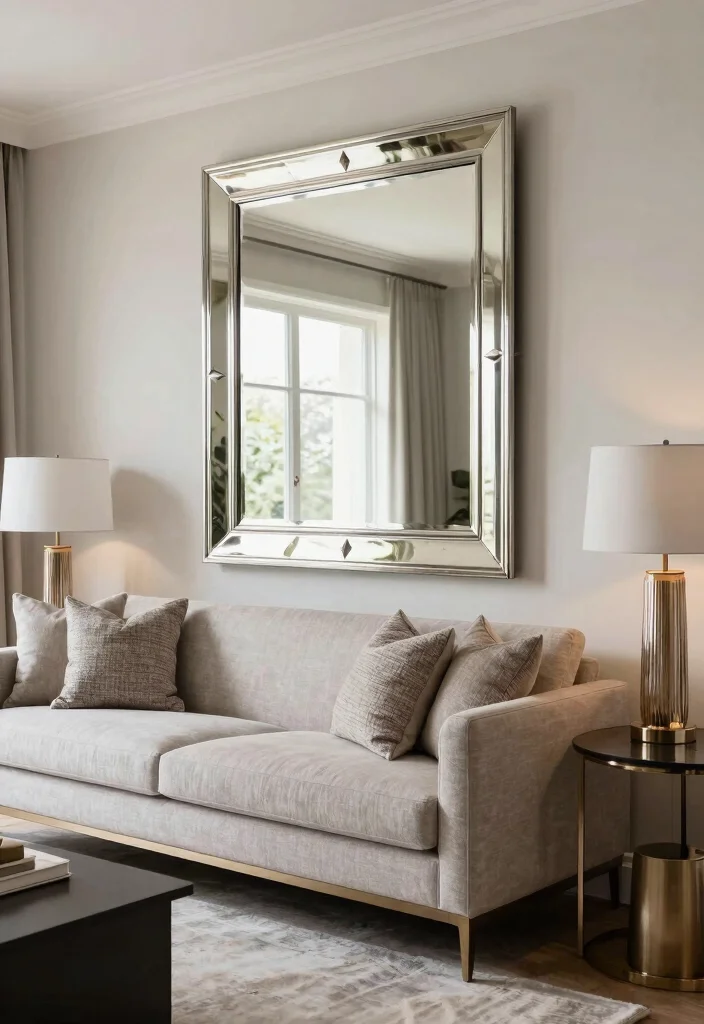15 Living Room Wall Behind Couch Ideas Balanced and Beautiful - 7. Mirrors for Light and Depth 1