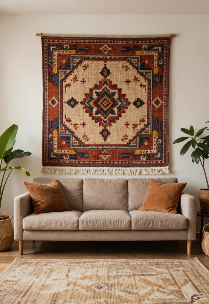 15 Living Room Wall Behind Couch Ideas Balanced and Beautiful - 8. Woven Textiles and Fabrics 1