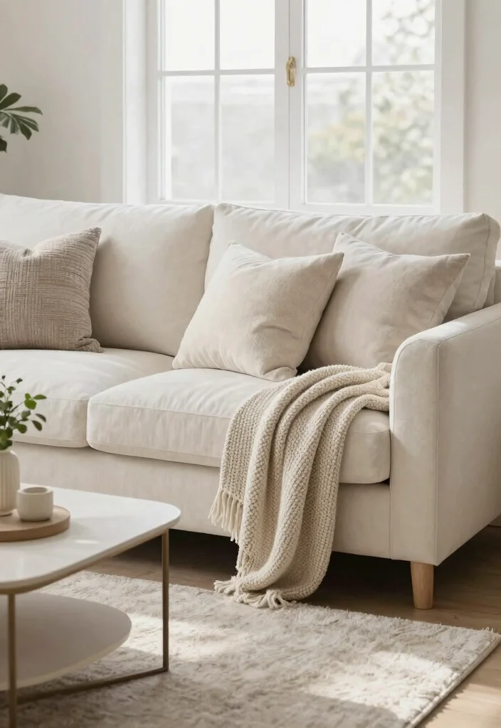 15 Off White Couch Living Room Ideas: Clean, Soft, and Elegant - 1. Minimalist Layering with Textiles 1