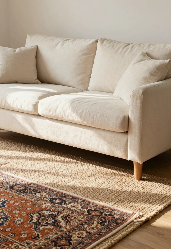 15 Off White Couch Living Room Ideas: Clean, Soft, and Elegant - 11. Layered Rugs for Warmth 1