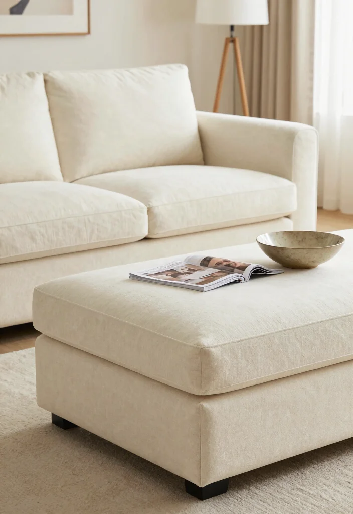 15 Off White Couch Living Room Ideas: Clean, Soft, and Elegant - 12. Versatile Ottoman Options 1