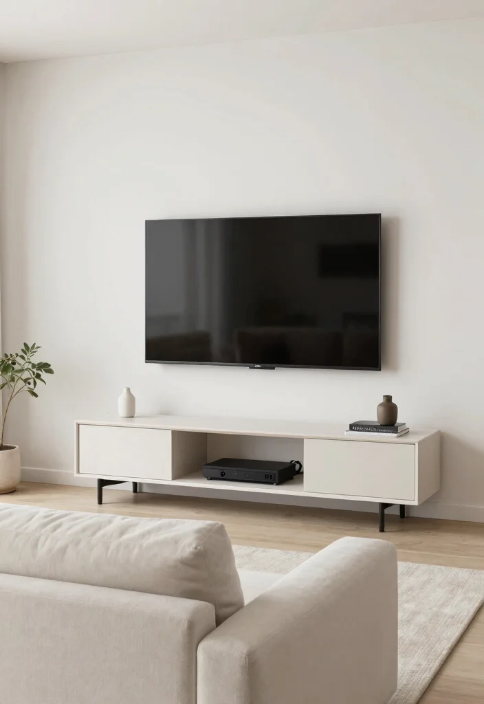 15 Off White Couch Living Room Ideas: Clean, Soft, and Elegant - 14. Minimalist Media Center Setup 1