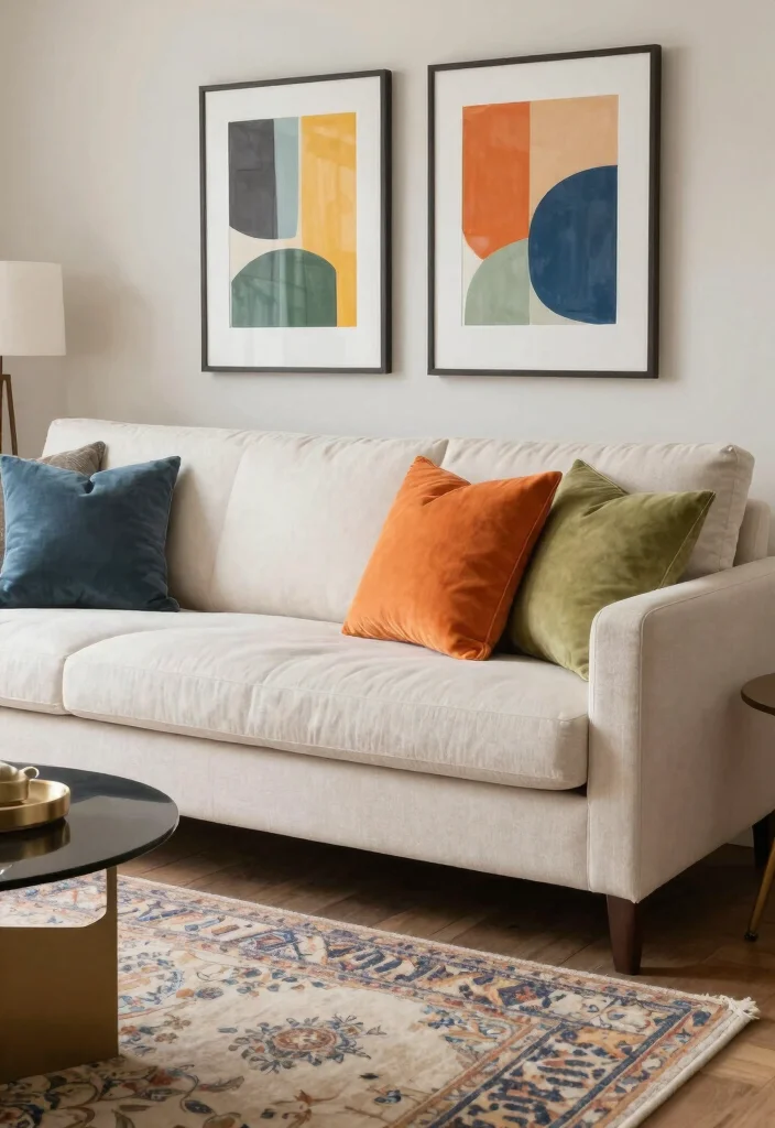 15 Off White Couch Living Room Ideas: Clean, Soft, and Elegant - 7. Accents of Color in Accessories 1