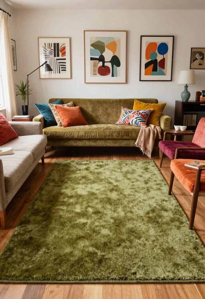 15 Olive Green Rug Living Room Ideas Earthy and Trendy - 12. Eclectic Mix for Unique Style 1