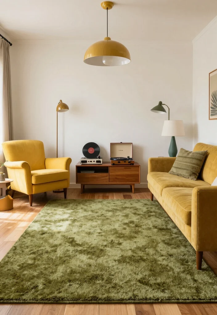 15 Olive Green Rug Living Room Ideas Earthy and Trendy - 13. Vintage Inspired with a Modern Twist 1