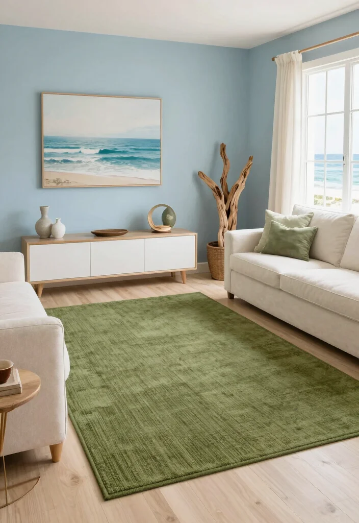 15 Olive Green Rug Living Room Ideas Earthy and Trendy - 14. Coastal Calm with Olive Green Accents 1