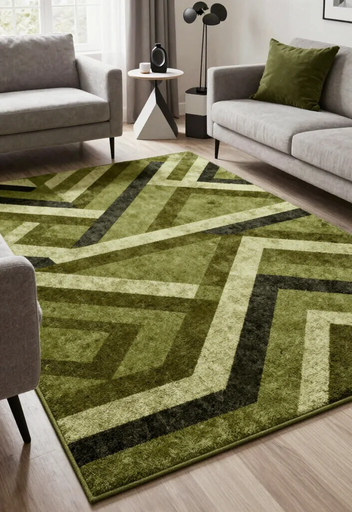 15 Olive Green Rug Living Room Ideas Earthy and Trendy - 15. Bold Geometric Patterns with Olive Green 1