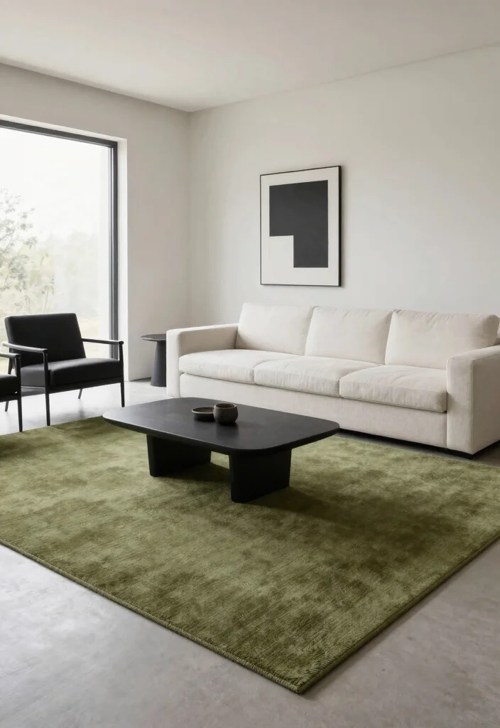 15 Olive Green Rug Living Room Ideas Earthy and Trendy - 2. Modern Minimalism Meets Olive Green 1